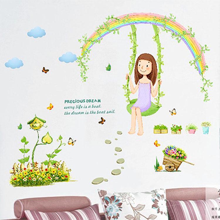 Cartoon Rainbow Swing Girl Wall Sticker Kids Room Bedroom TV Background Wall Decoration Sticker