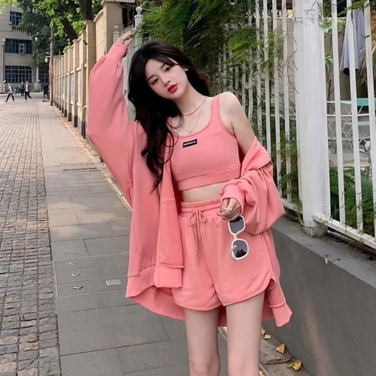 3PCS Ladies Casual Sports Suit Spring and Summer Cool Girl Loose Thin Sweater Zipper Cardigan + Vest + Wide Leg Shorts Three-piece Set Tracksuits