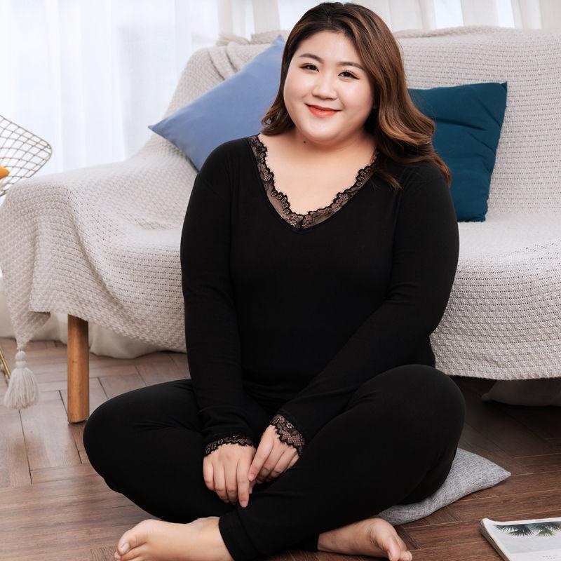 Fat Sister Thermal Underwear Female Plus Fat Plus Size Thin Lace Base Autumn Clothes Long Pants Suit