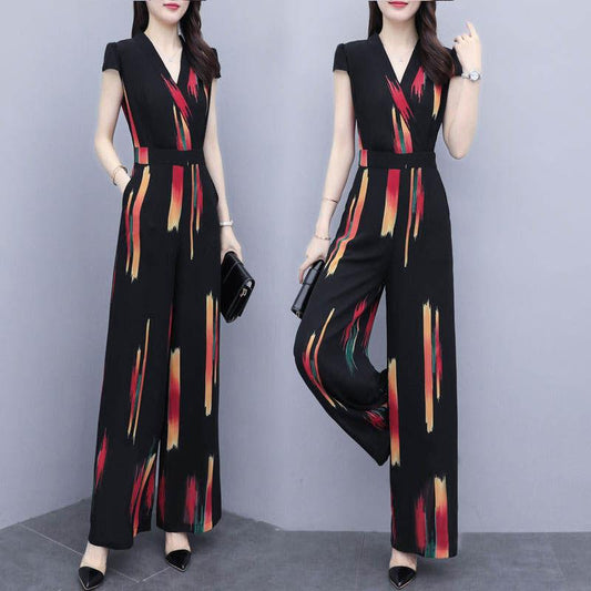 Casual Jumpsuit V-neck Black Female Print Slimming Jumpsuit High Waist Wide-leg Pants Loose Slimming Elegant Women's Clothing