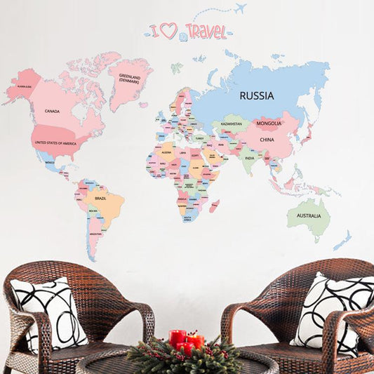 Cartoon living room bedroom color English wall sticker world map wallpaper