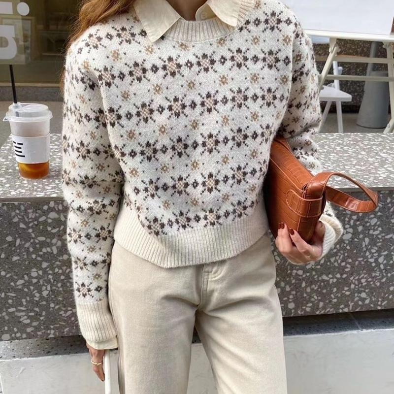 Women Autumn Fashion Sweater Casual Knitting Sweater Print Round Neck Pullovers Loose Casual Long Sleeve Sweater