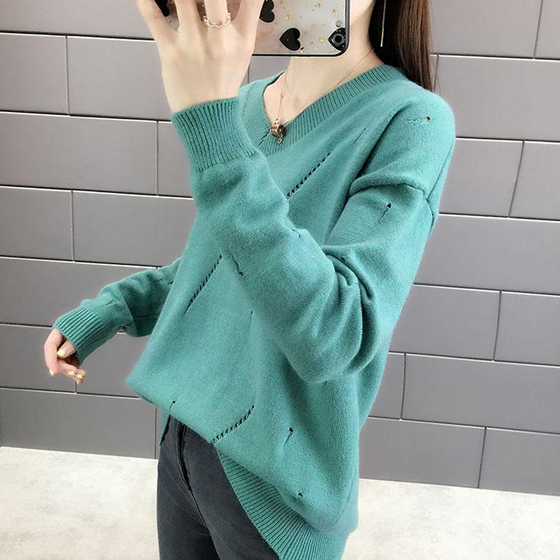 Spring and Autumn Loose V-neck Sweater Solid Color Hollow Top Long Sleeve All-match Female Top