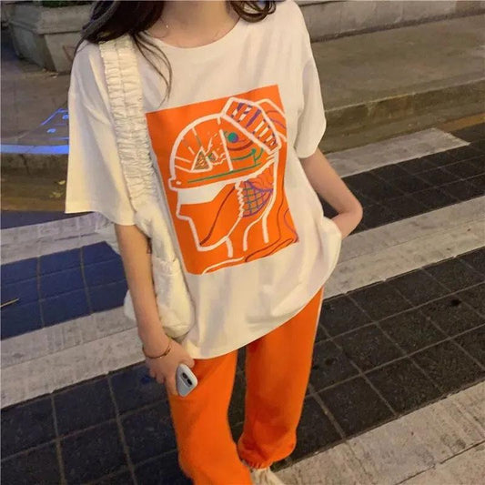 2PCS Women's Sports Suit Korean Version Loose T-shirt + Wide Leg Pants Two-piece Student Casual Suit