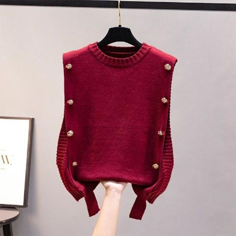 Spring Autumn Korean Style Knitted Waistcoat with Loose Sleeveless Sweater for Women's Outer Wear Solid Vest