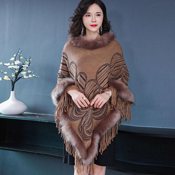 Autumn Winter Imitation Fox Fur Cloak Shawl Batwing coat Women's Faux Fur Coat Plus Size Tassel  Sweater Coat Mid-length