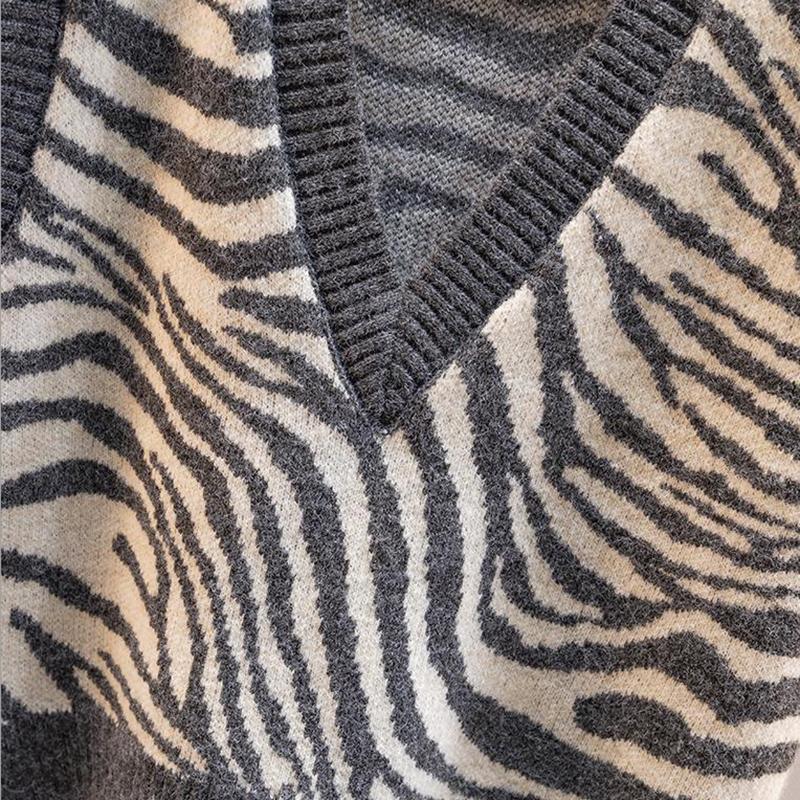 Waistcoat Vest Jacket Autumn Knit Women's Sweater Winter Zebra Pattern Outer Wear Loose V-neck Sleeveless Thin Sweater