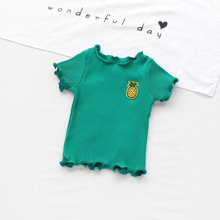 Summer Kids Cute Girls'  Thin T Shirt with Ruffle Stretch and Slim Embroidery Rainbow Smile Pineapple T Shirt