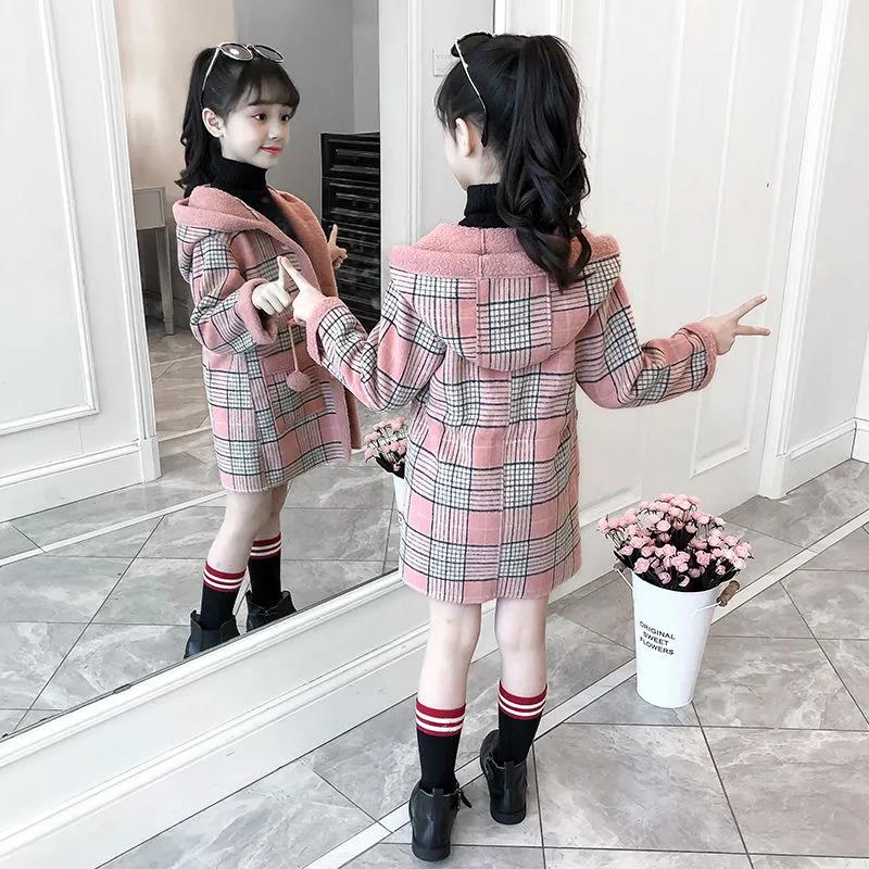 Girls' Autumn Plus Velvet Woolen Woolen Coat Big Children's Western Style Korean Style Autumn and Winter Mid-length Woolen Windbreaker Jacket