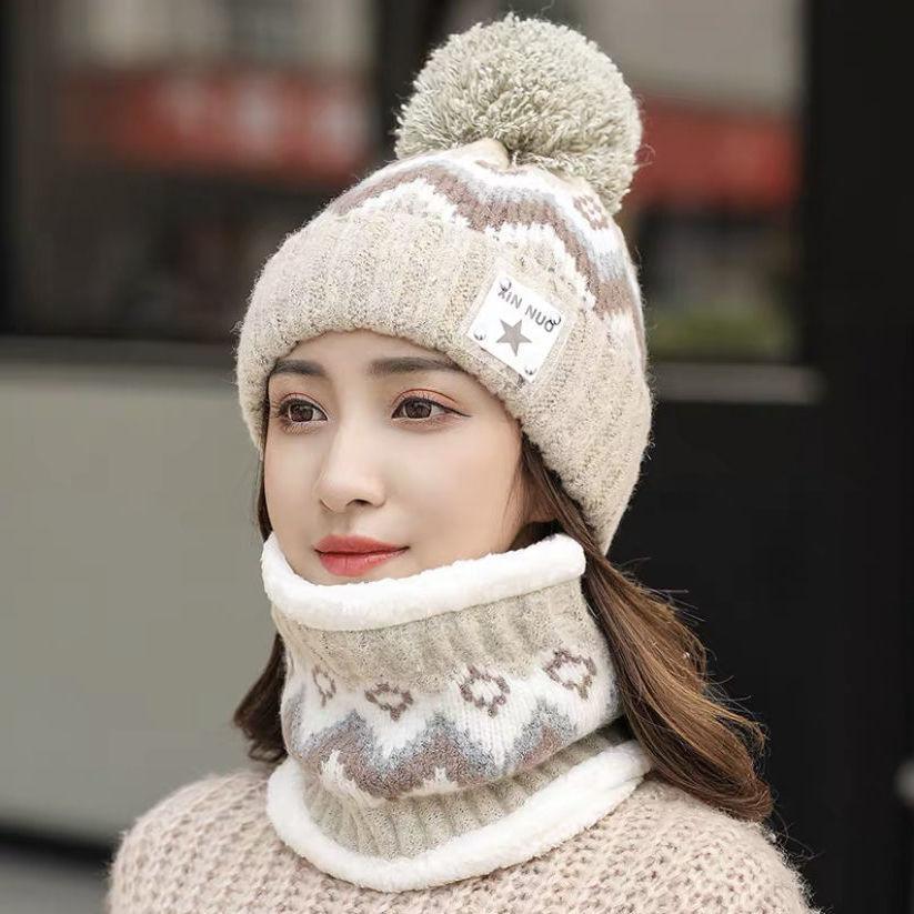 Hat Women's Autumn and Winter Plus Velvet Warm Knit Hat Warm Scarf Ladies Biking Ear Protection Warm All-match Woolen Hat