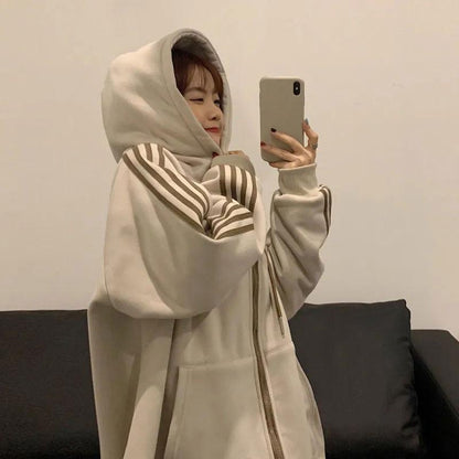 Women's Thick Autumn and Winter Hooded Sweater Korean Casual Jacket Plus Velvet Thick Hoodie Zipper Cardigan Top Athletic Girl's Coat