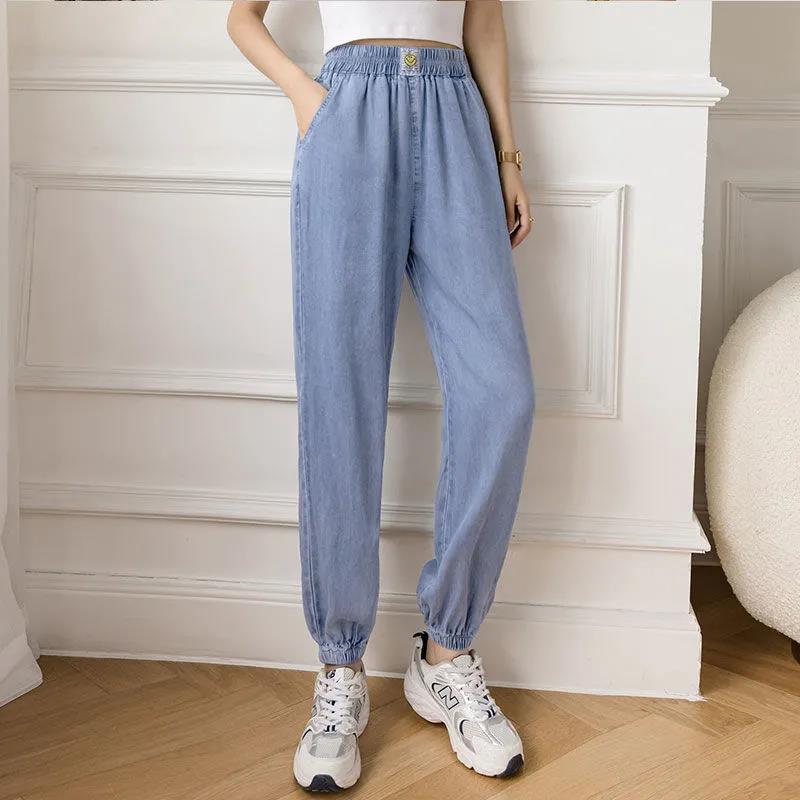 WTEMPO Cool Thin Hole Harem Pants Women's Jeans Loose Wide Leg Straight  Denim Big Pocket Trousers