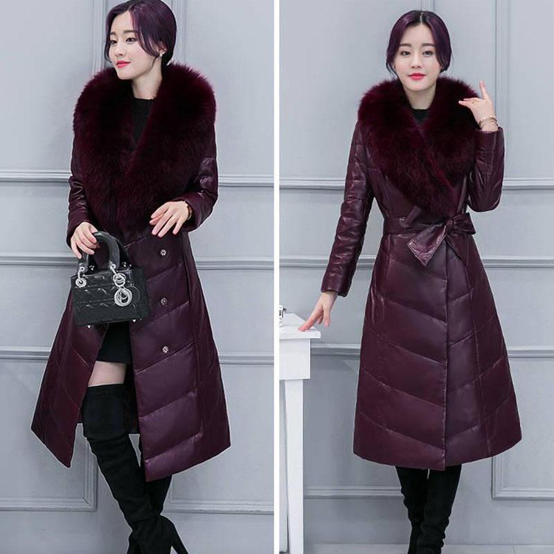 Winter PU Leather Female Imitation Fox Fur Collar Cotton Jacket In The Long Section Slim Padded Jacket Fashion Casual Women Leather Jacket