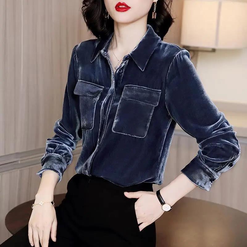 Women Sexy V-neck Velvet Office Blouse Elegant Blue Long Sleeve Wild Basic Shirts Vintage Casual Ladies Top Spring Pullover