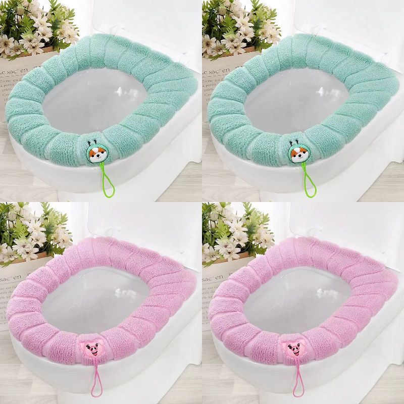 Winter Warm Toilet Seat Cover Closestool Mat 4Pcs Washable Bathroom Accessories Knitting Pure Color Soft O-shape Pad Bidet Cover