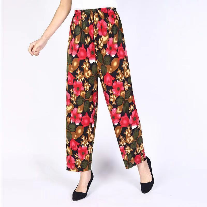 Ice Silk Pants Women's Outer Wear Summer Thin Pants Loose Large Size Nine-point Pants Middle-aged and Elderly Wide-leg Pants Mother Casual Pants