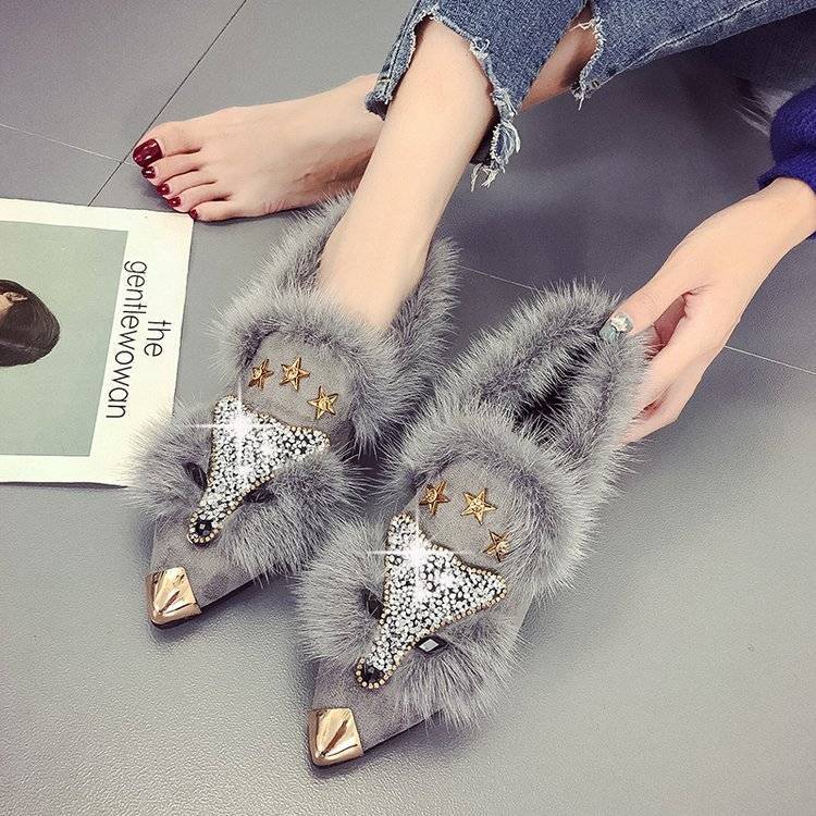 Fox Fur Cotton Shoes Autumn and Winter Goose Down Fit Women's Crystal Pointed Cotton Beanie Shoes