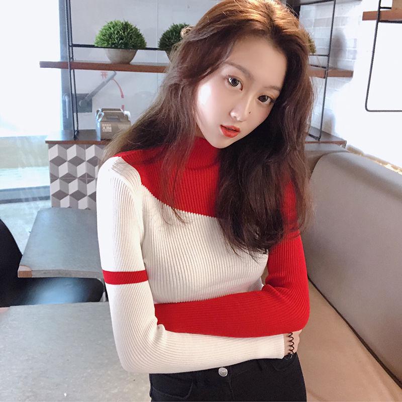 Long Sleeve Knit Sweater Slim Joker Top Fashion Color Matching Sweater Spring and Autumn Tops Women