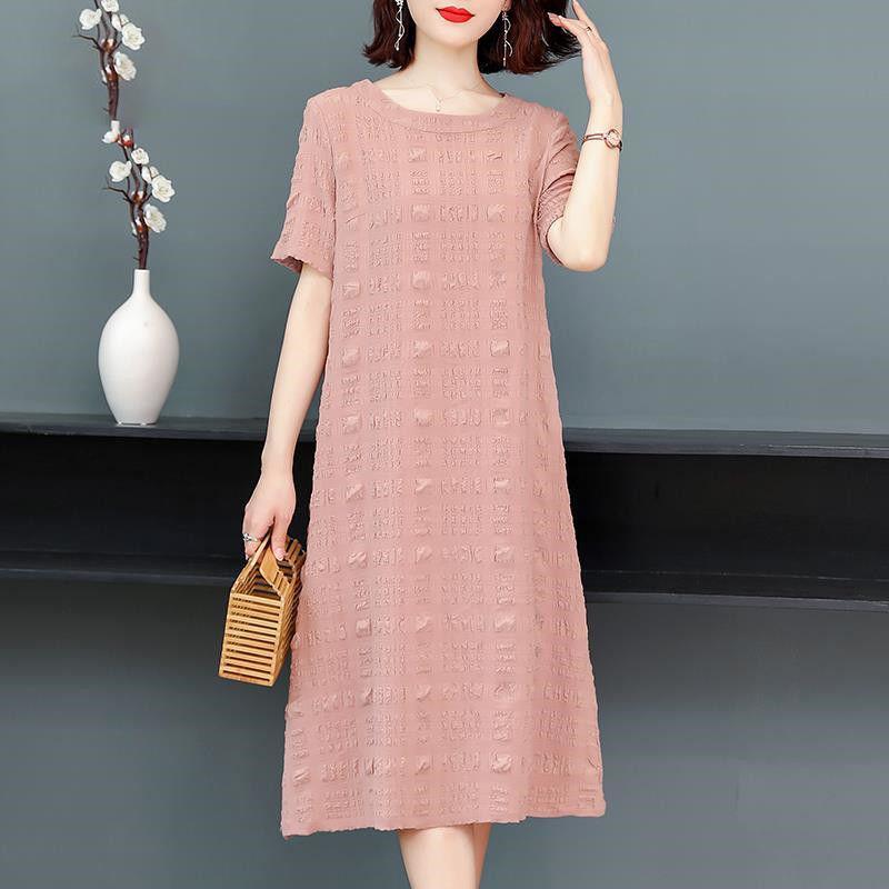 Short-sleeved Simple Retro Dress Round Neck Short-sleeved Women's Loose Mid-length Skirt Fabric Light and Breathable Straight Version Dress