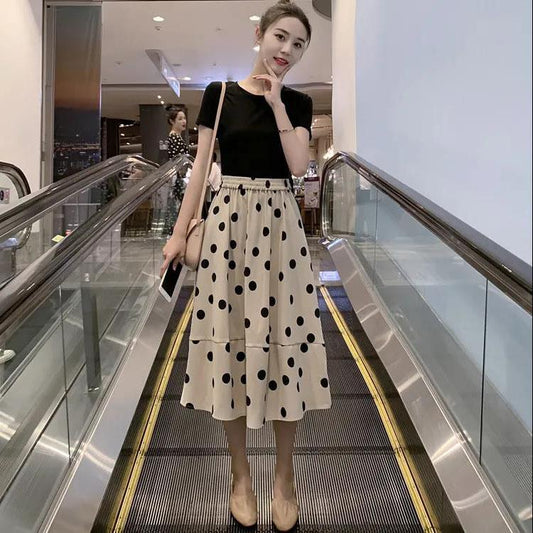 Women Summer Elegant 2 pieces set Short Slim Solid Short Sleeve T-shirt Vintage Pleated Dot Stitched Long Skirt