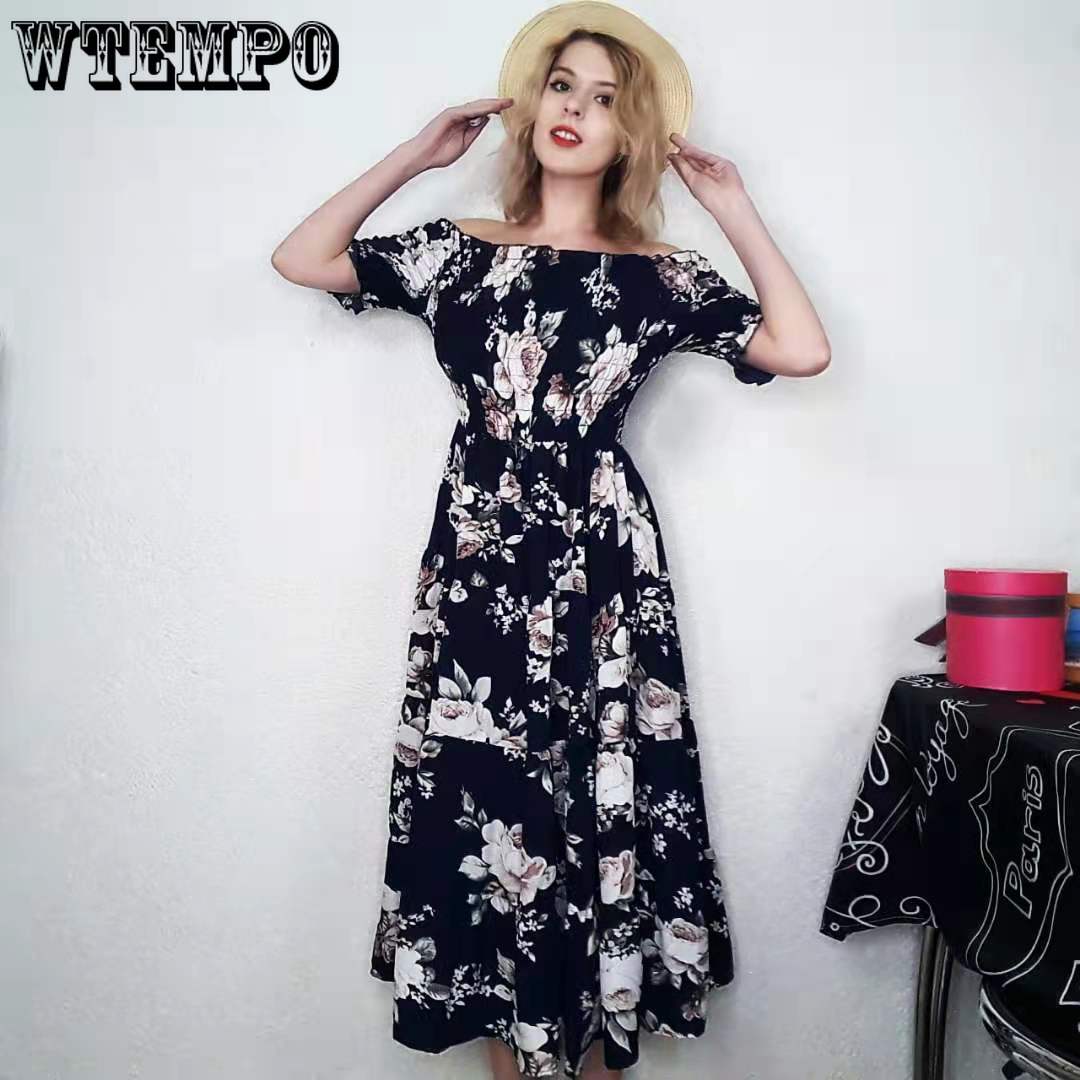 Woman Sexy One-shoulder Dress Long Retro Floral Elastic High-waist Dress Off-shoulder Party Dress