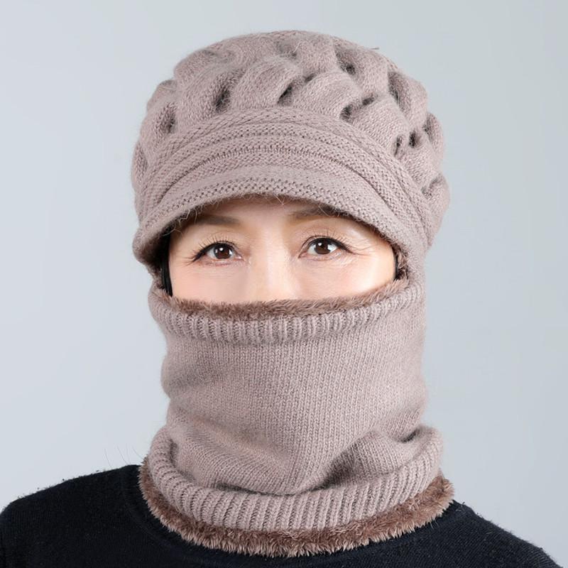 Women's Winter Windproof and Velvet Warm Knitted Woolen Cap Plush Pompon Cap Scarf Crochet Cap