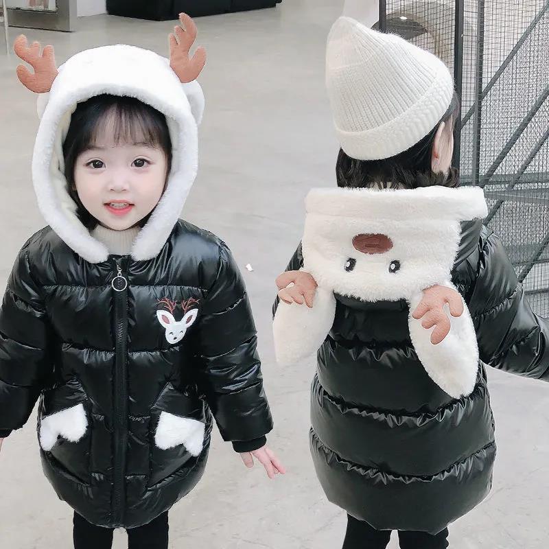 Girls' Cotton-padded Clothes Winter Clothes Rabbit Ears Hooded Jacket Children's Clothes Cute Mid-length Girls' Thicken Cotton-padded Jackets