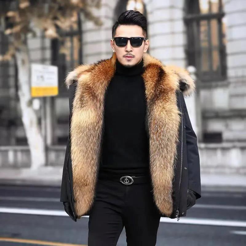 Large Fur Collar Down Jacket Men's Winter Thick Cotton Jacket Regular Hooded Outwear Fur Jacket Parka