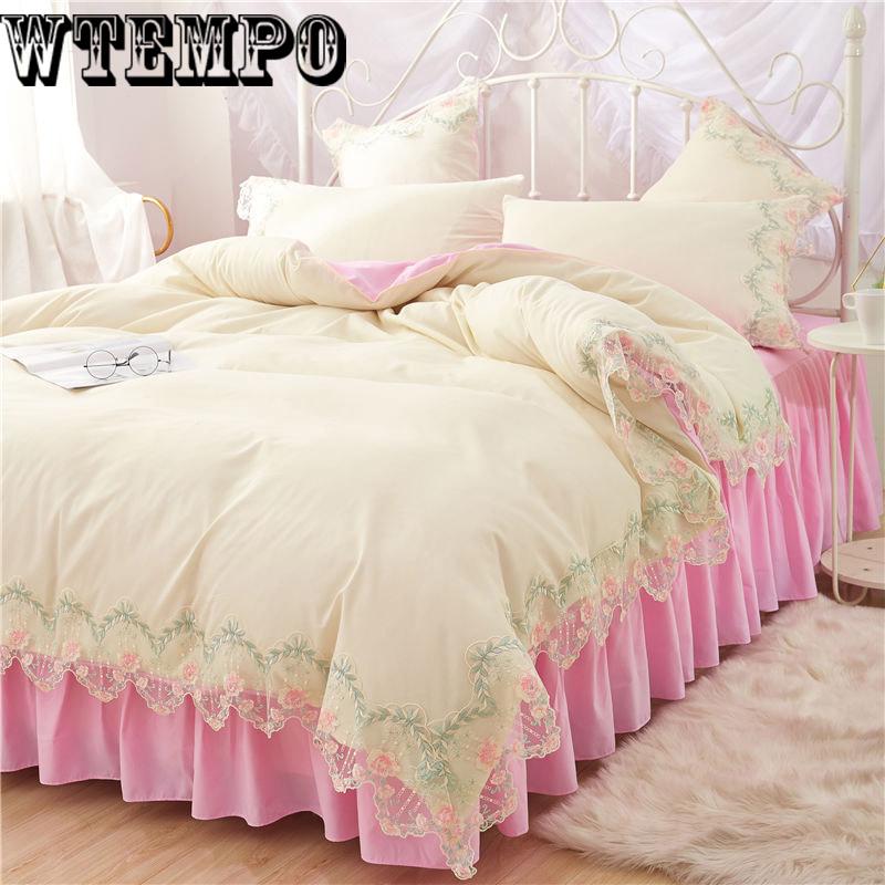 Bedding set bed skirt four sets of fashion lace quilt cover solid color princess wind skin cotton