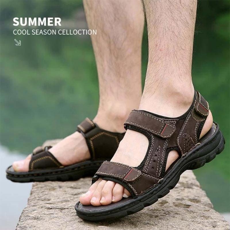 [Top Layer Cowhide] Men's Summer Genuine Leather Sandals Men's Breathable Thick Bottom Non-slip Velcro Casual Beach Sandals Wear Resistant