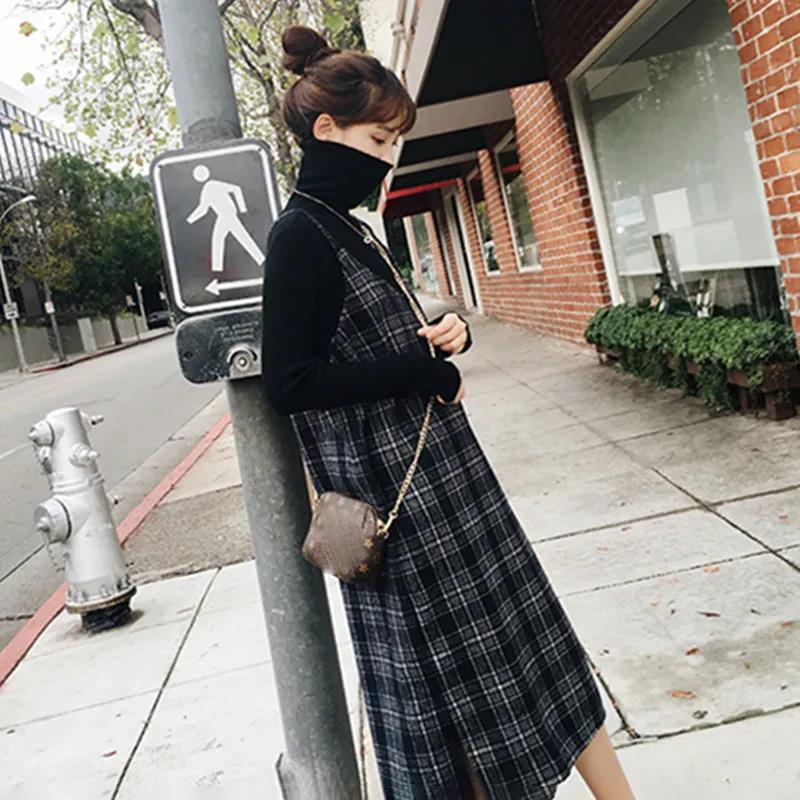 Suit Women Retro Plaid Suspender Skirt Sweater Long Over-the-knee Woolen Strap Dress Simple Retro Warm Sweater Dress