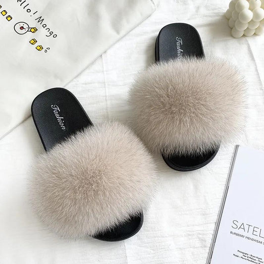 Furry Slippers for Women The Same Style In Summer Fashion Real Fox Fur Slippers Plus Size Female Sandals