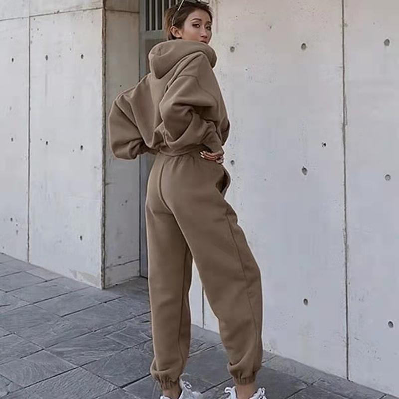 2PCS Autumn Winter Women's Casual Sweater Jacket Sports Suit Solid Color Hooded Sweater Casual Two Piece Set Tracksuits Athletic Clothing