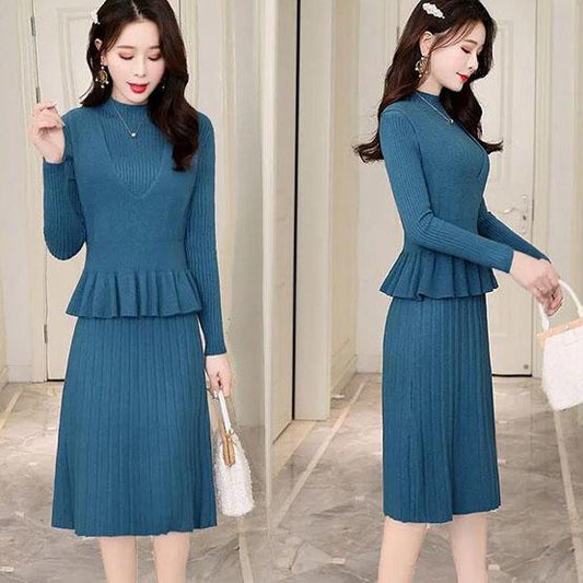 Women's Solid Color Knit Dress Two Piece Set Spring and Autumn Brand Sweater Dress Slim Large Size Long Jersey Dress