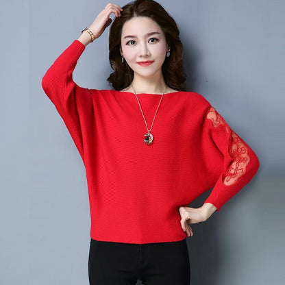 One Word Neck Short Knitwear Mesh Sleeve Spring and Autumn Sweater Women Loose Knit Bottoming Shirt