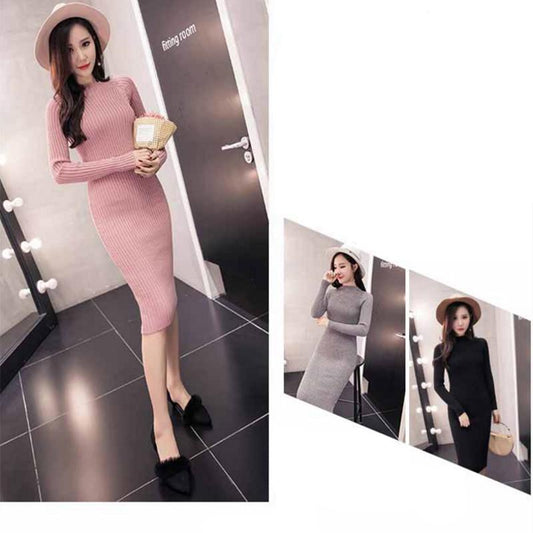 Pofulove Long Hip Knit Dress Over-The-Knee Sweater Dress Women's Half-High-Neck Slim Fit Thickened