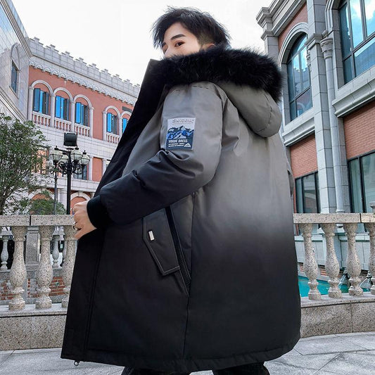 Winter Padded Jacket Plus Cotton Thickening Men's Mid-length Jacket Cotton Jacket Big Fur Collar Padded Jacket Gradient Color