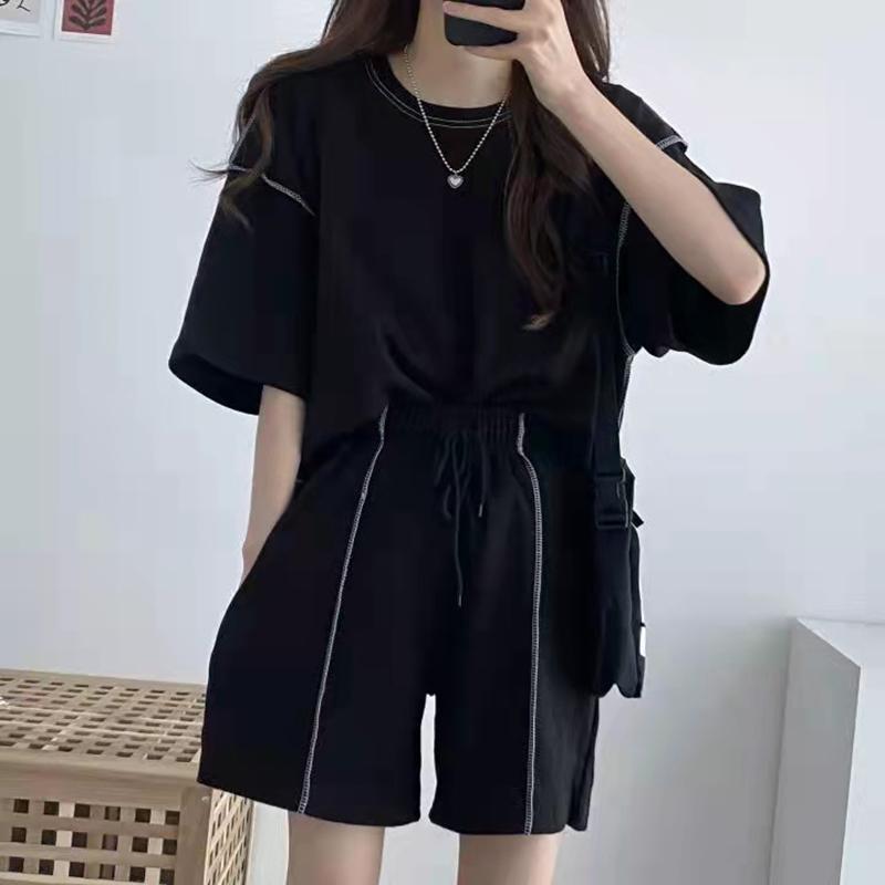 2PCS Women's Cotton Suit Short-sleeved Shorts Student Two-piece Summer Loose Casual Sportswear Gym Fitness Sets