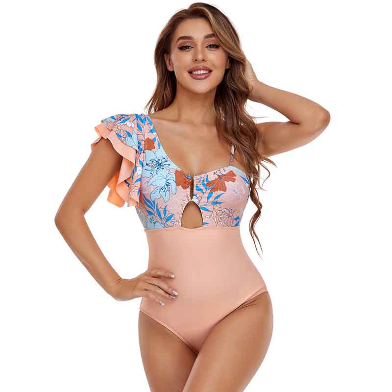 Splicing One Piece Swimsuit Feminine Fashion One Shoulder Lotus Leaf Beachwear Backless Swimsuit