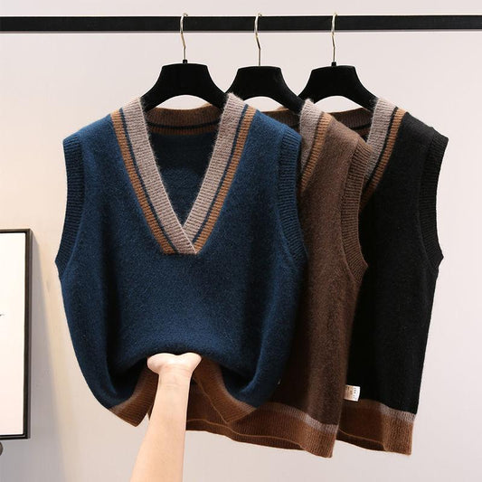 V-neck Knitted Vest Women's Autumn and Winter  Loose Knit Waistcoat Sleeveless Sweater