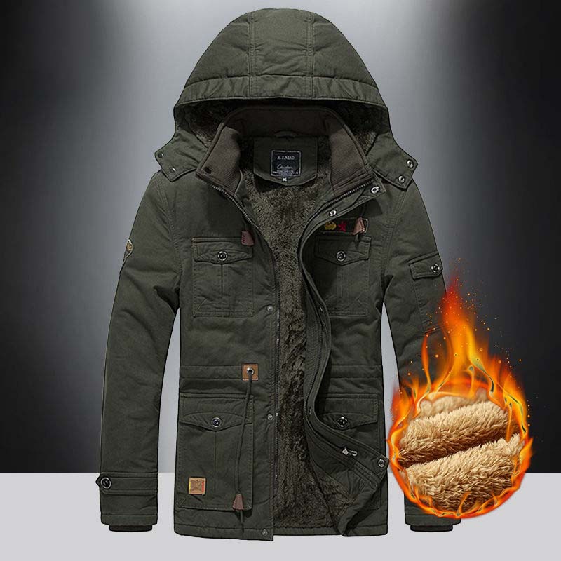 Winter Jacket Men's Plus Velvet Mid-length Padded Coat Cotton Coat Fur Collar Warm Men's Clothing