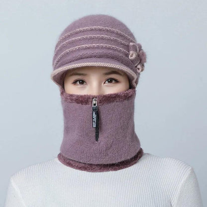 Women's Hat Autumn and Winter Floral Face Ear Protection Wool One-piece Scarf Mask Hat Plus Velvet Thickening Cycling Windproof Warm Mother Hat