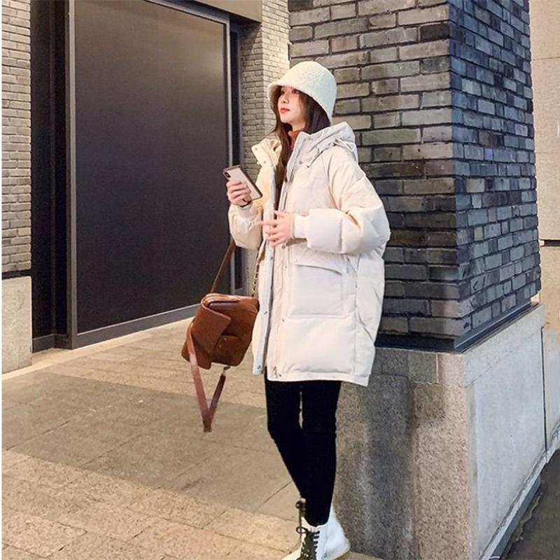 Women's Solid Color Mid-length Down Jacket Winter Korean Style Loose Plus Size Cotton Clothes Casual Hooded Padded Jacket Quilted Jacket