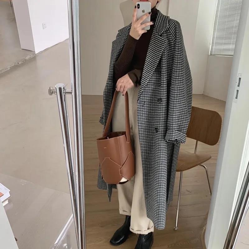 Women's Woolen Coat Plaid Korean Mid-length Houndstooth Coat Coat Women