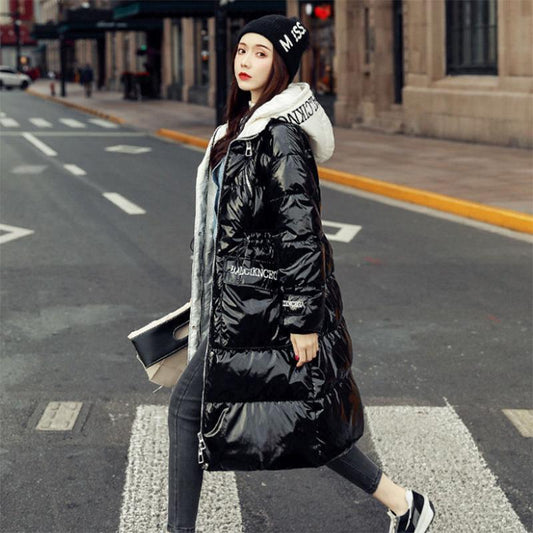 Women's Winter Korean Loose Quilted Coat Warm Stand-collar Down Jacket Women's Glossy Mid-length Down Jacket