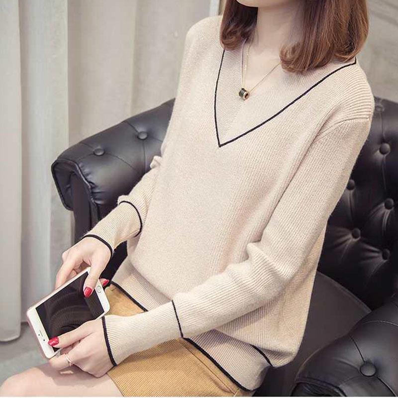 Autumn and Winter V-neck Sweater Pullover Short Loose Bottoming Shirt All-match Sweetheart Neck Female Top