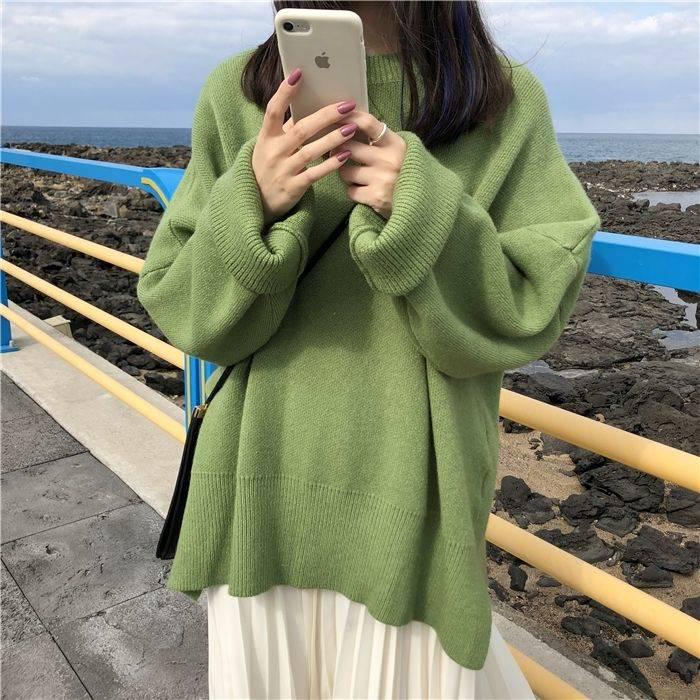 Pofulove  Autumn Winter Pullover Was Thin Sweater Loose Solid Color Split Fork Thick Knitted