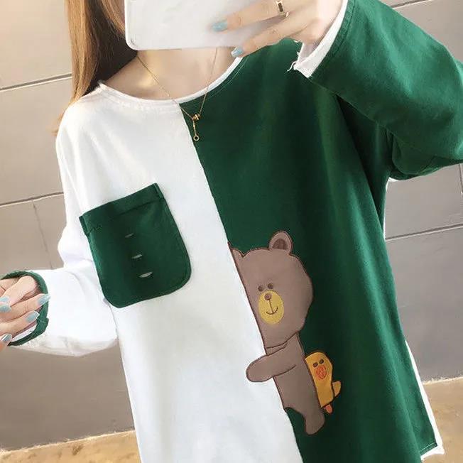 Cute Bear Print T-shirt Large Size Ladies Long Sleeve Shirt Casual Loose Pullover Summer