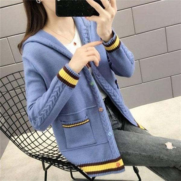 Spring and Autumn Knitted Cardigan Sweater Loose Hooded Large Size Top Short Color-blocking Women's Jacket