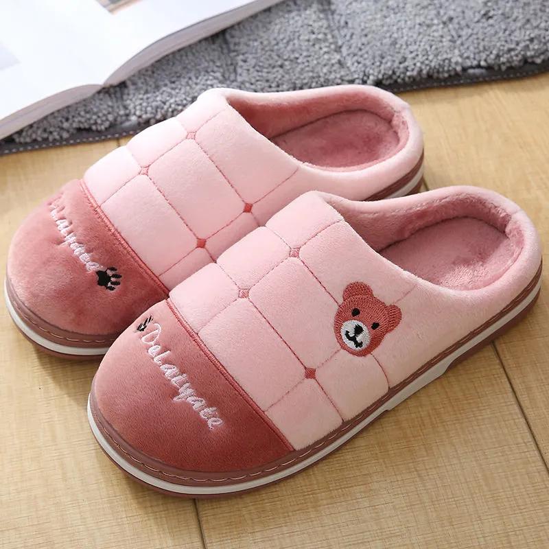 Cotton Slippers for Women Thick Fleece Warm Winter Slippers Pink Cute Bear Couples Slides Home Indoor Non Slip Men Plus Size Slippers